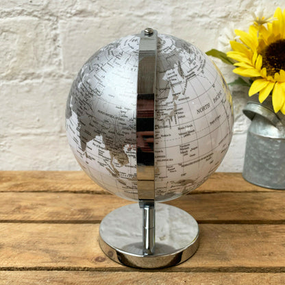 Rotating Globe Ornament - Silver And White