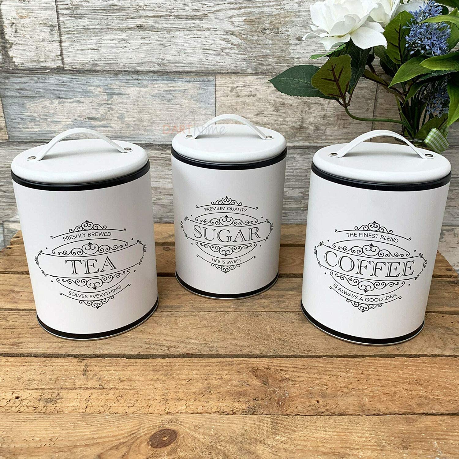 S/3 White Tea Coffee Sugar Canisters
