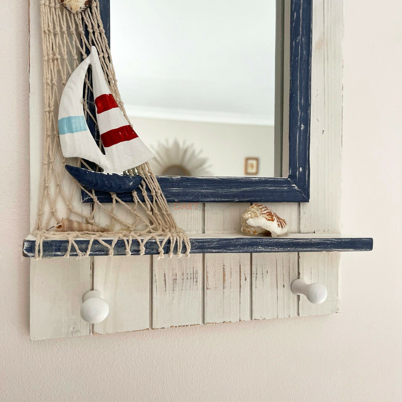 Wooden Beach Hut Nautical Bathroom Wall Mirror 2x Key Hooks