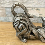 Silver Stretching Cat Sculpture