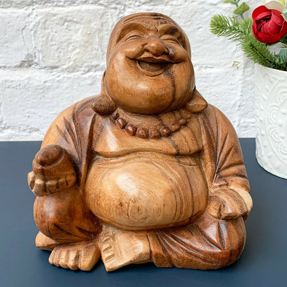 Happy-Buddha-Skulptur aus Teakholz