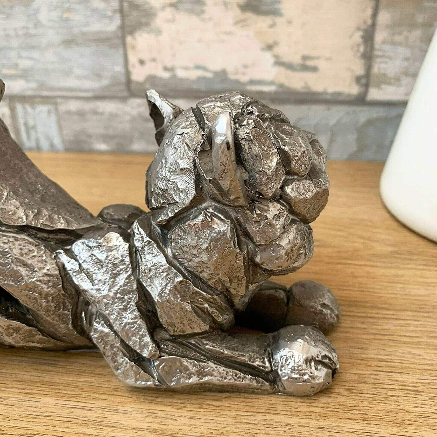 Silver Stretching Cat Sculpture