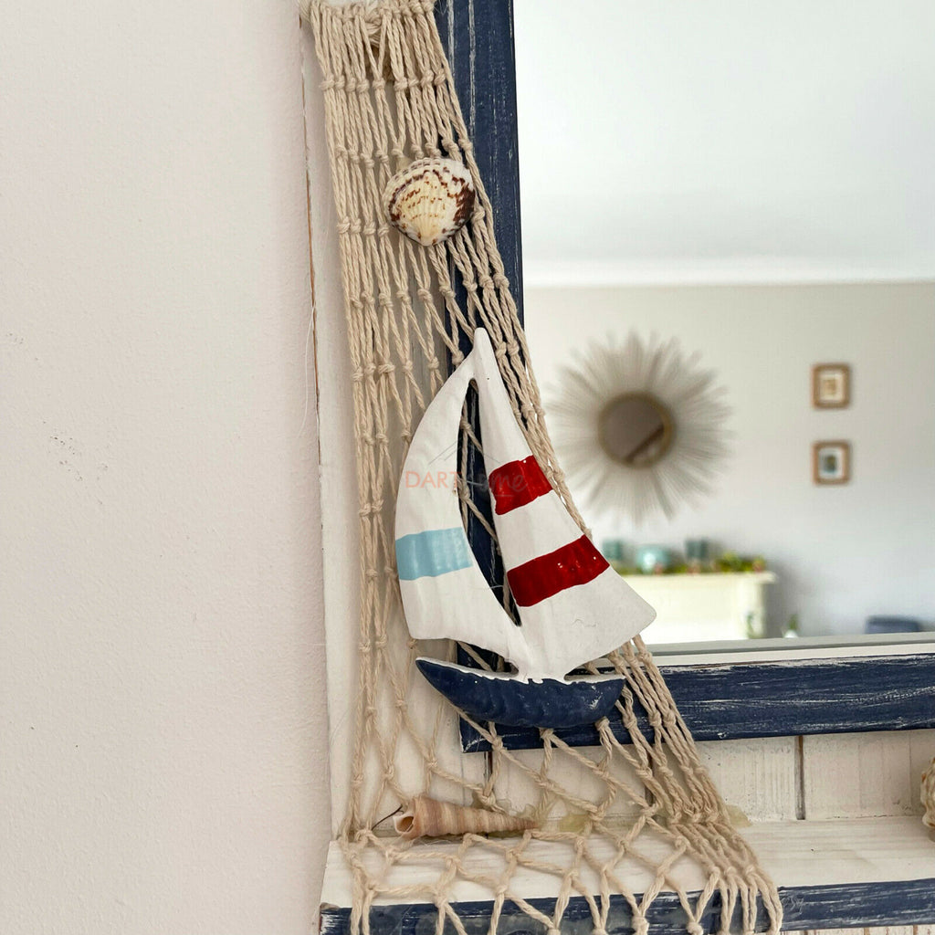Wooden Beach Hut Nautical Bathroom Wall Mirror 2x Key Hooks