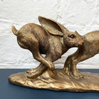Resin Bronze Two Jumping Hares Sculpture