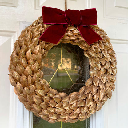 Gold Christmas Wreath With Red Velvet Bow