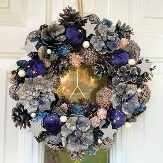 Blue Pine Cone Christmas Wreath