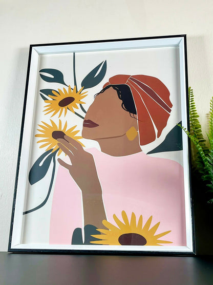 Woman & Sunflowers Framed Print Wall Art