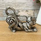 Silver Stretching Cat Sculpture