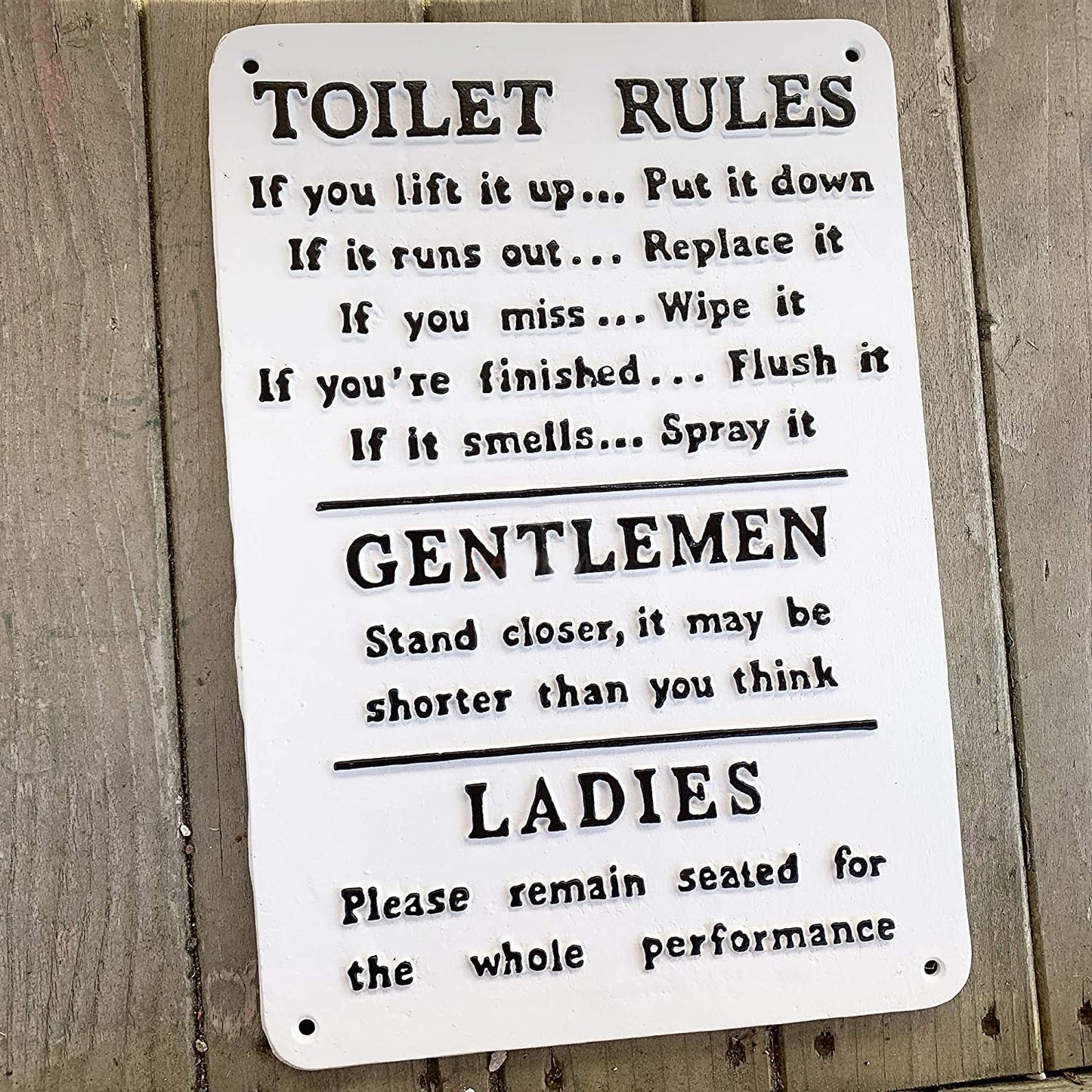 White Cast Iron Toilet Rules Sign