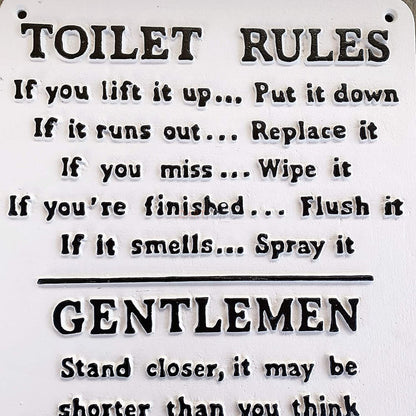 White Cast Iron Toilet Rules Sign