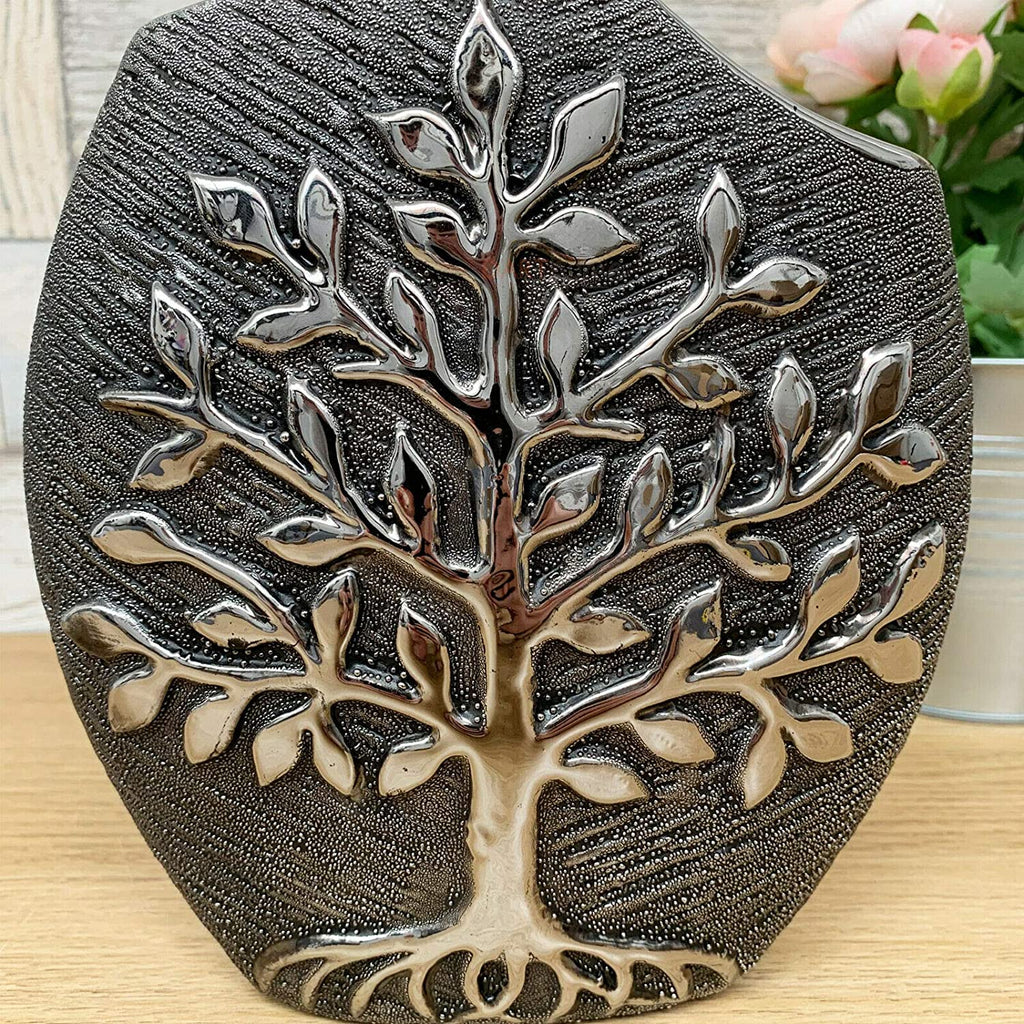 Ceramic Gun Metal Wide Tree Of Life Vase