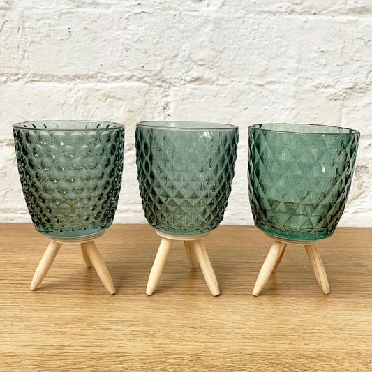 Set Of 3 Green Glass Candle Holders