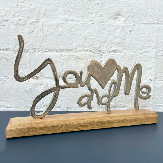 Silver You And Me Ornament On Wood Stand