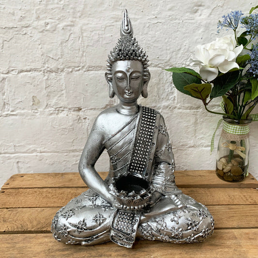 Silver Buddha Tea Light Holder With Jewels