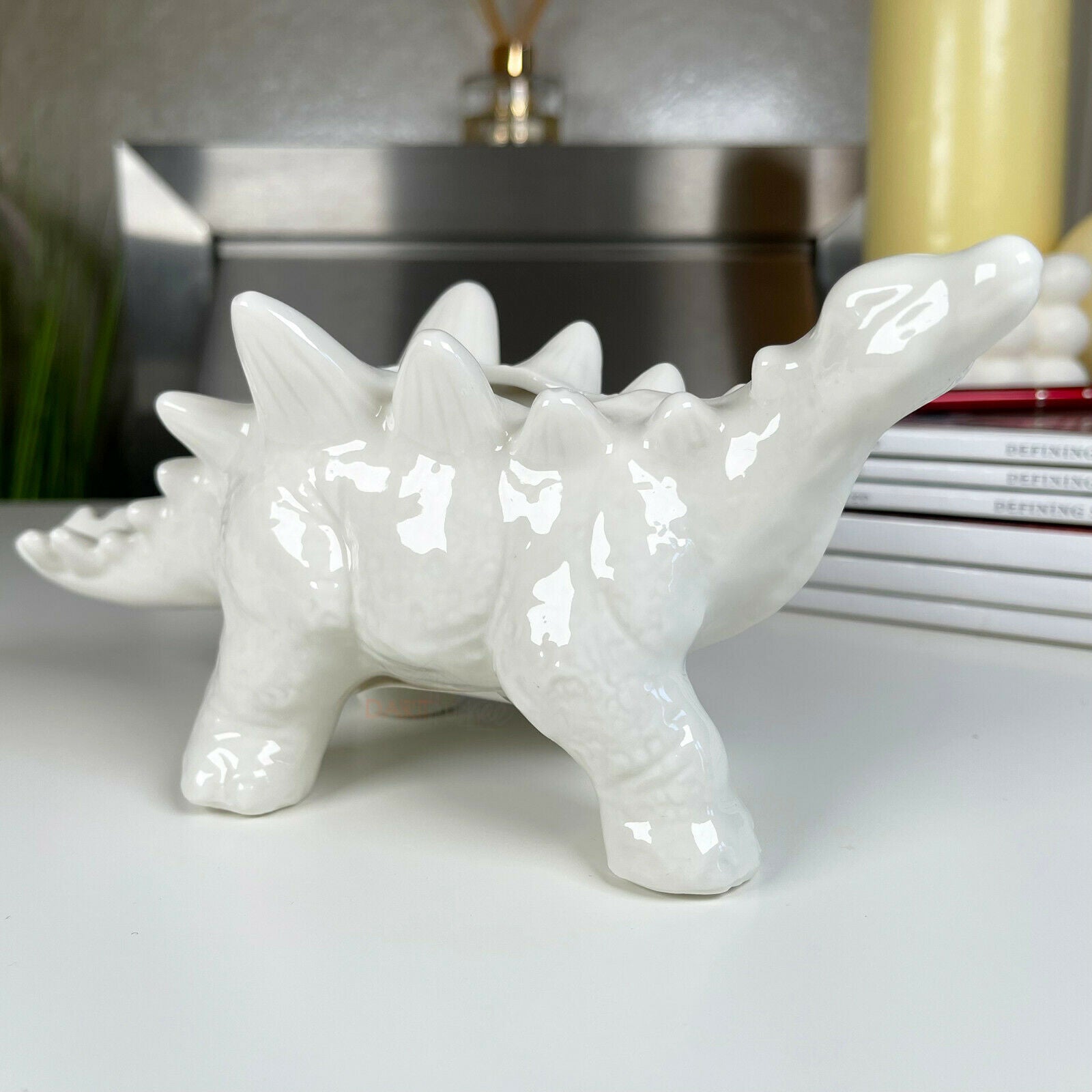 White Ceramic Stegosaurus Dinosaur Planter