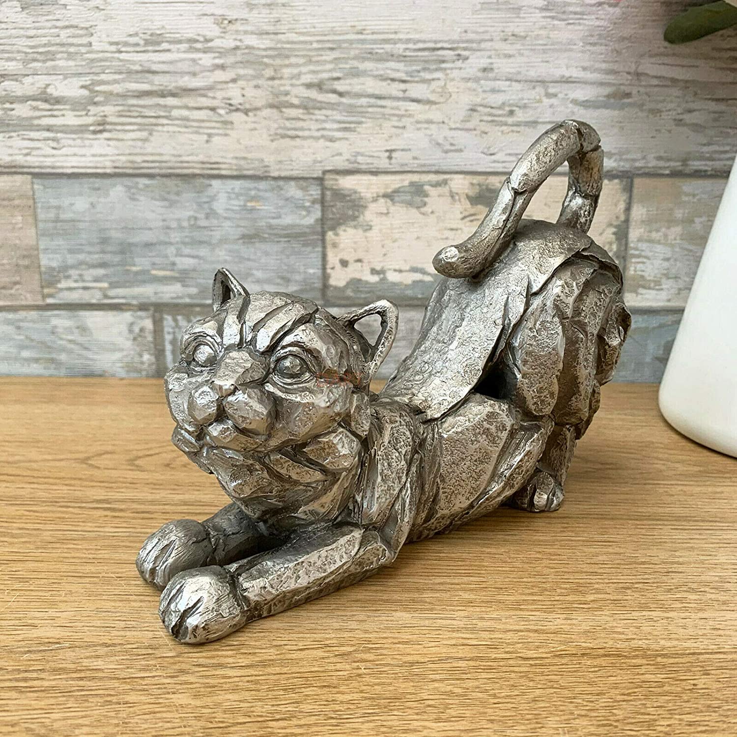 Silver Stretching Cat Sculpture