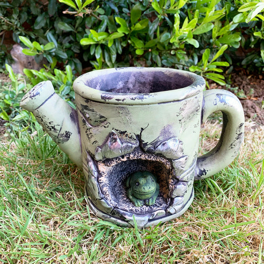 Green Cement Watering Can Frog Garden Planter