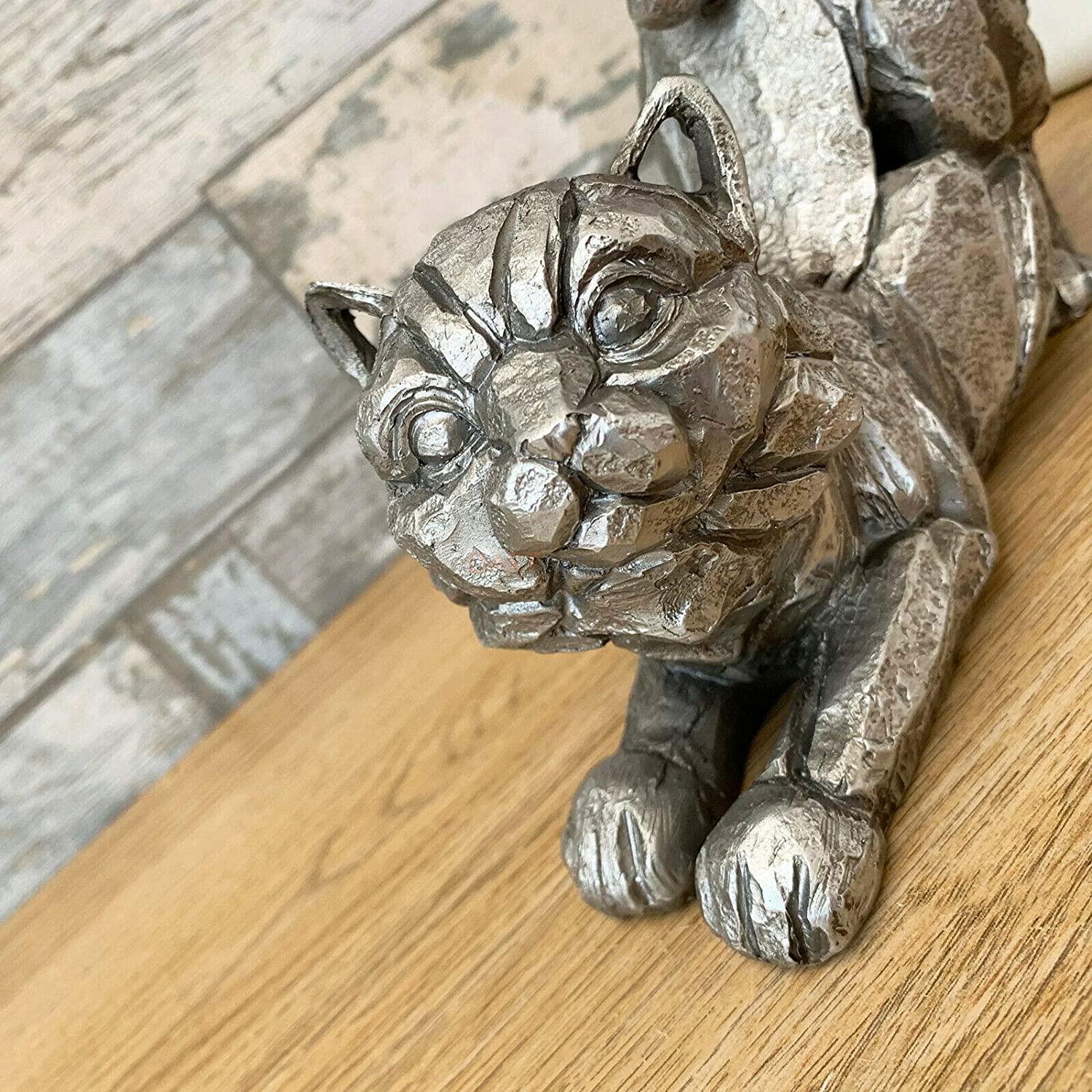 Silver Stretching Cat Sculpture