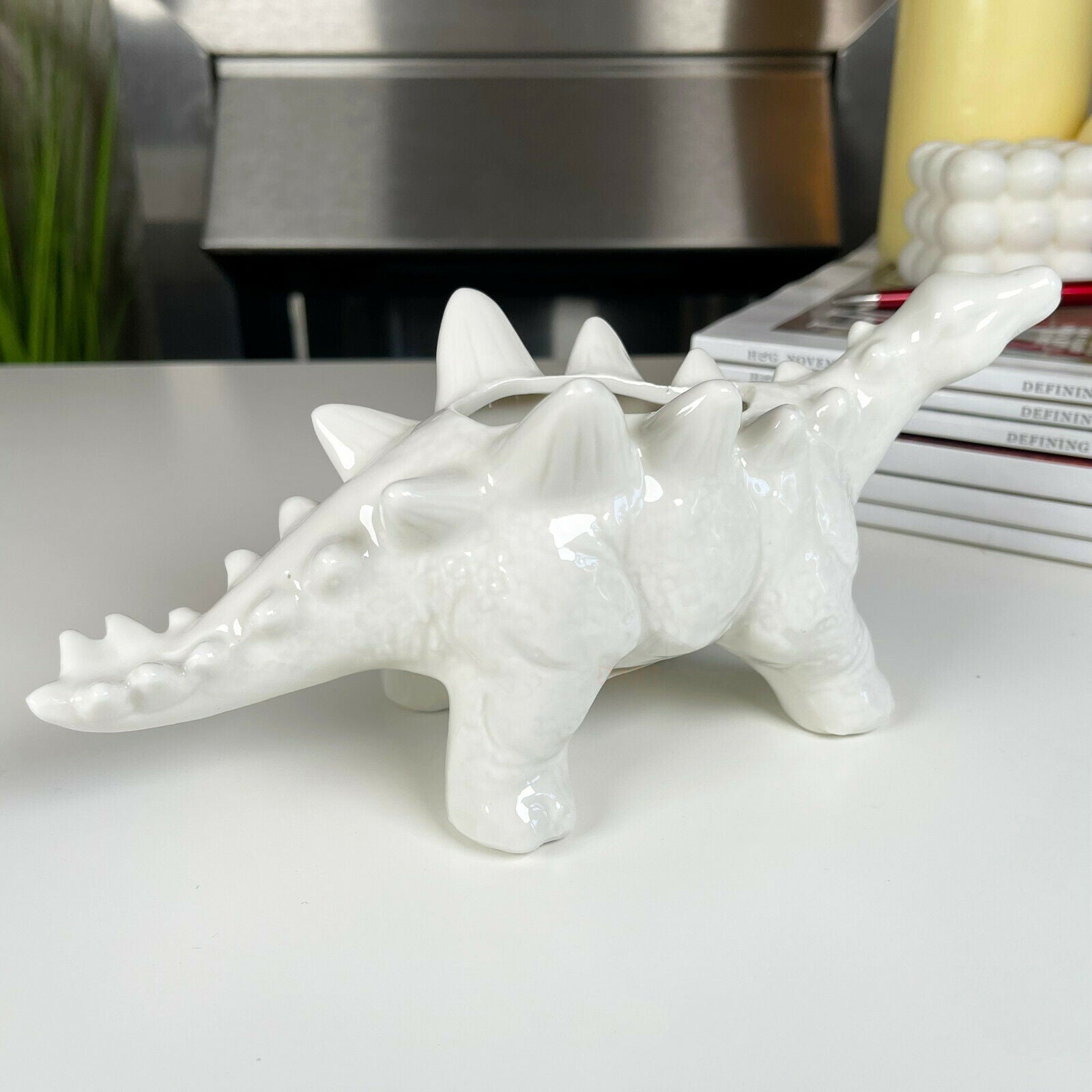 White Ceramic Stegosaurus Dinosaur Planter