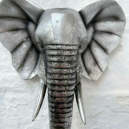 Silberne Elefantenbüste aus Kunstharz, Wanddekoration, 21 cm