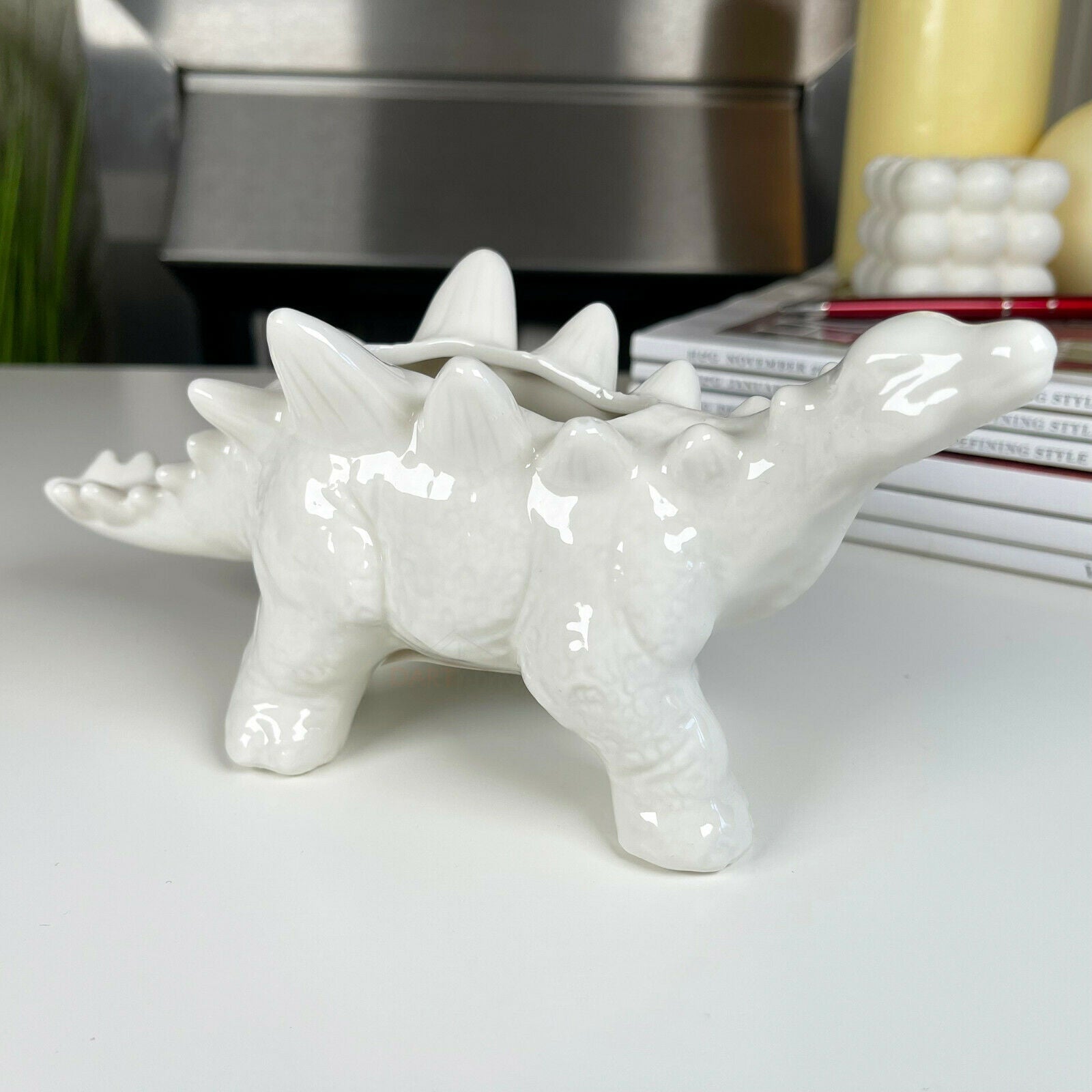 White Ceramic Stegosaurus Dinosaur Planter