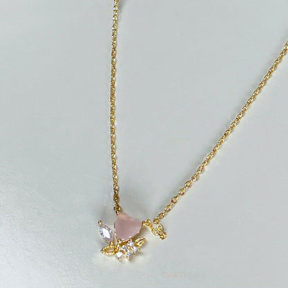 Pink Crystal Heart Gold Womens Necklace 18"