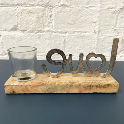 Chrome Love Tealight Holder On Wooden Base