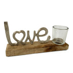 Chrom-Teelichthalter „Love“ auf Holzsockel