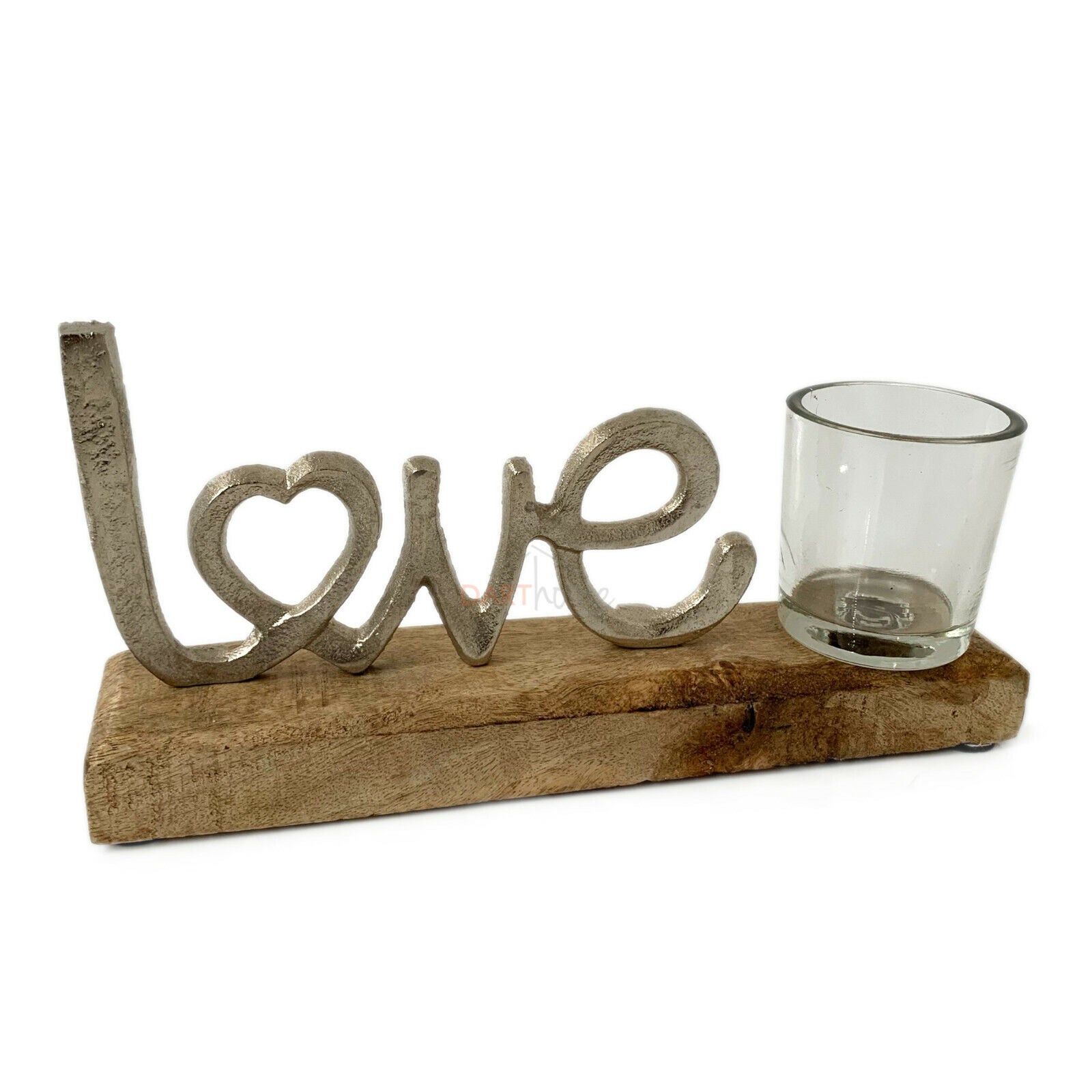 Chrom-Teelichthalter „Love“ auf Holzsockel
