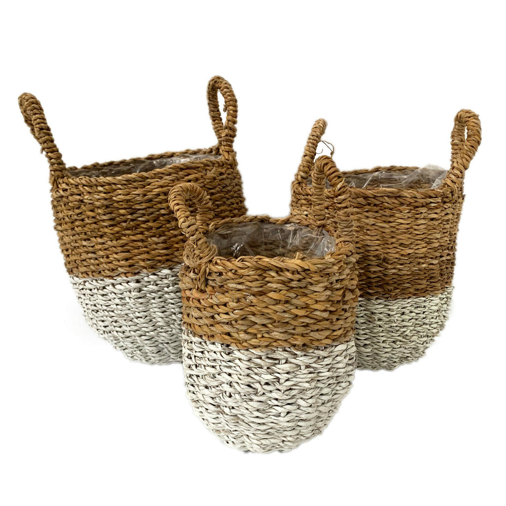 Set mit 3 zweifarbig gefütterten Pflanzgefäßen aus Seegras