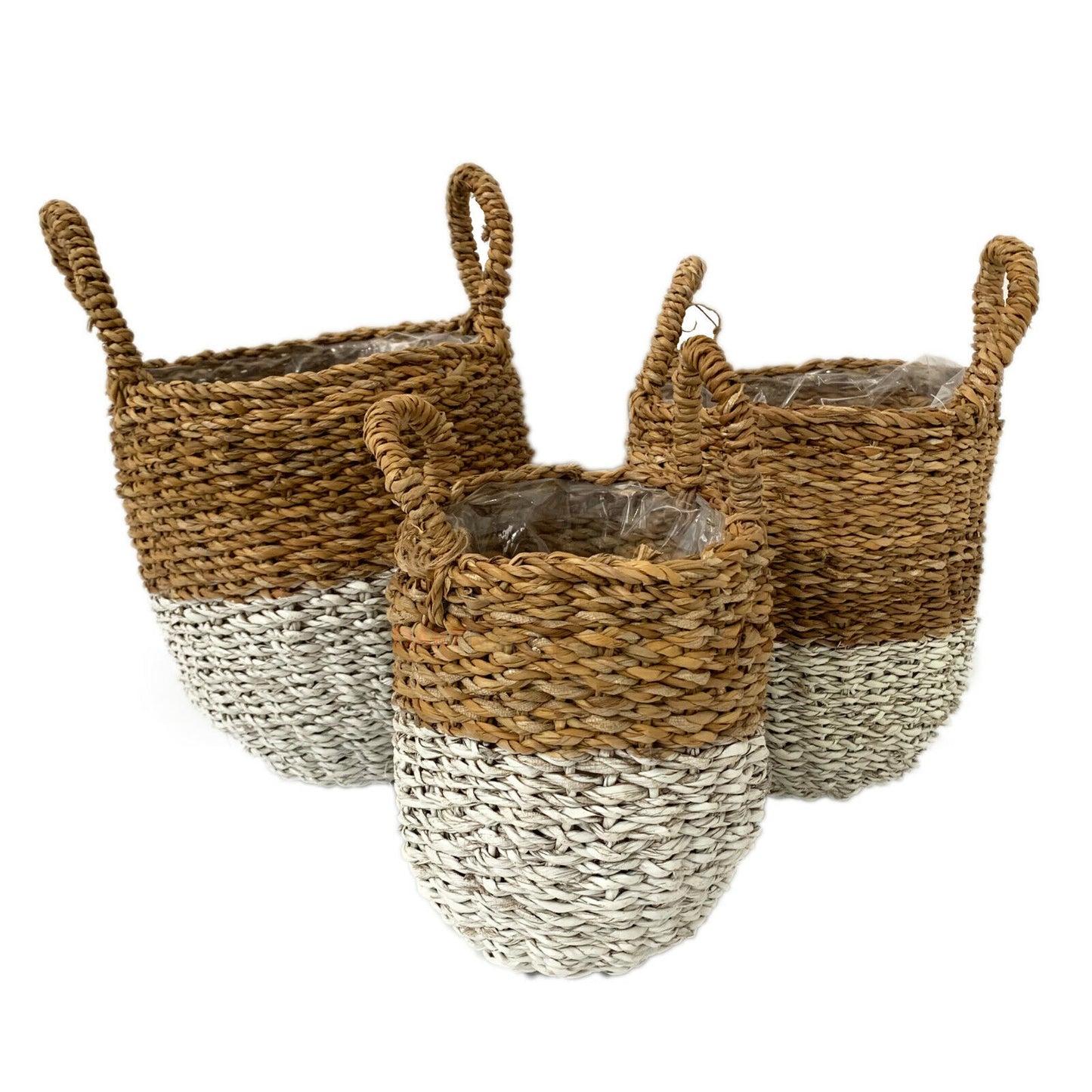 Set Of 3 Two Tone Lined Seagrass Planters