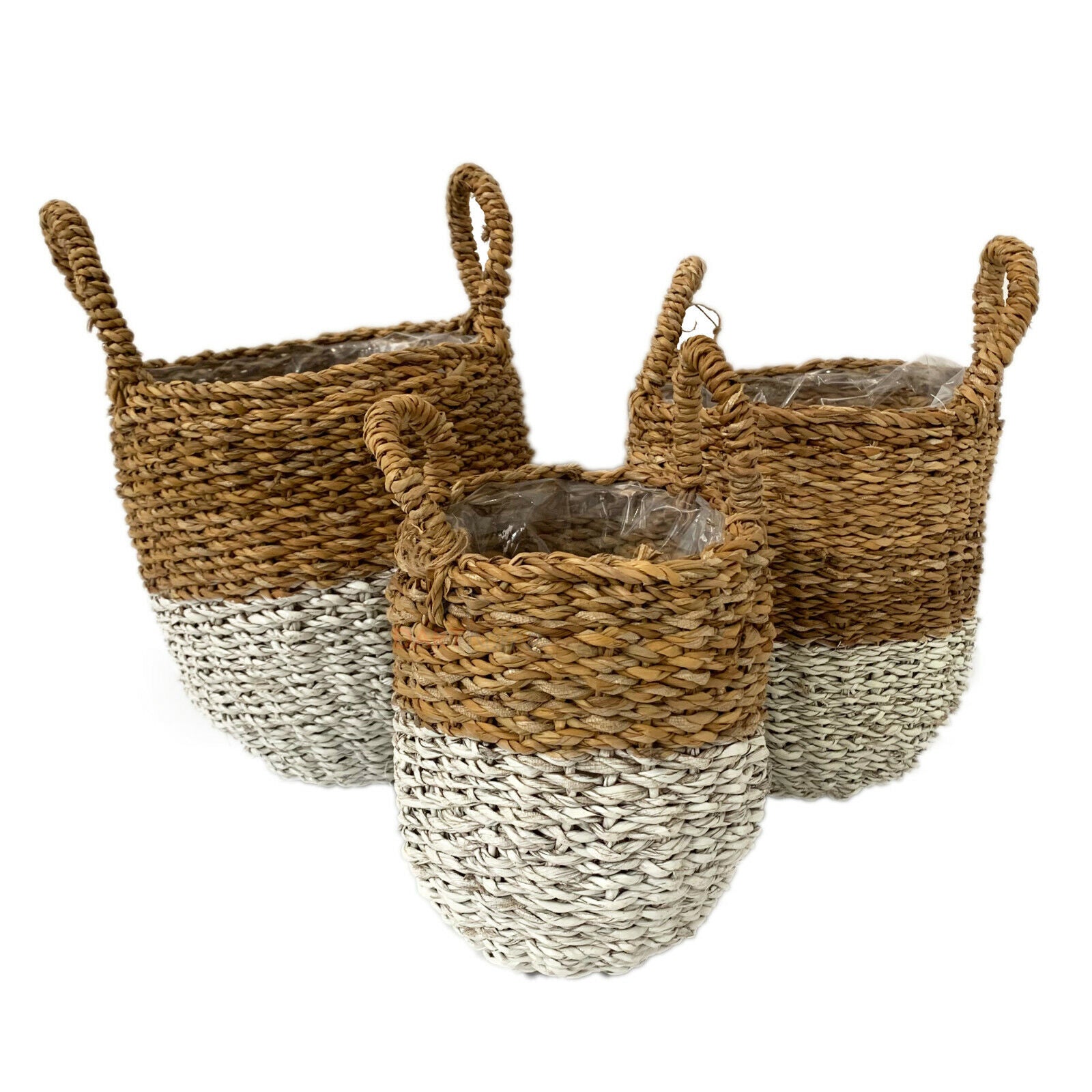 Set mit 3 zweifarbig gefütterten Pflanzgefäßen aus Seegras