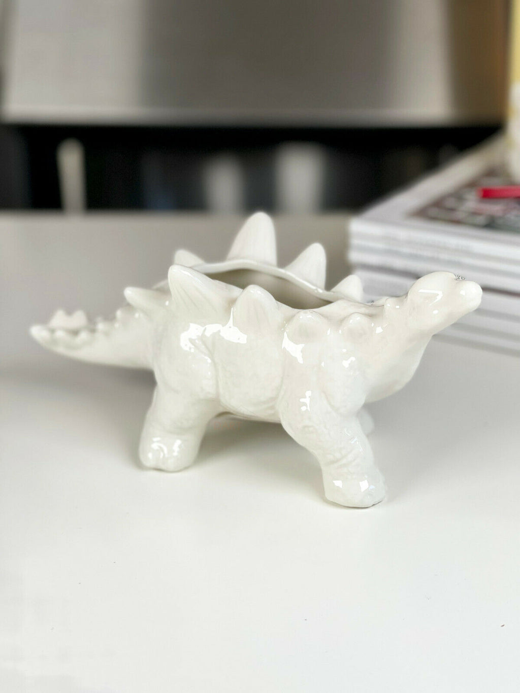 White Ceramic Stegosaurus Dinosaur Planter