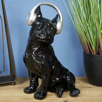 Glossy Black French Bulldog With Headphones