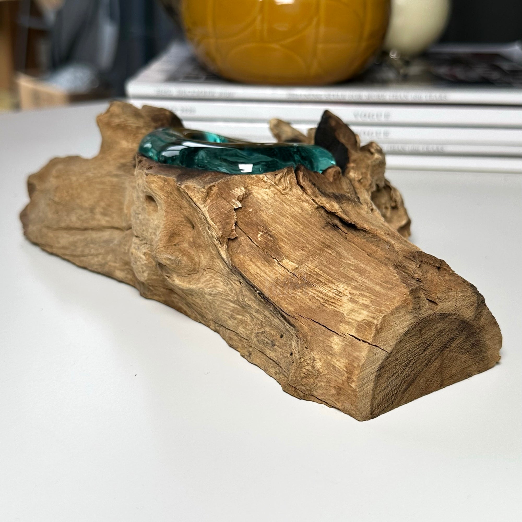 Molten Tea Light Holder On Teak Root Stand