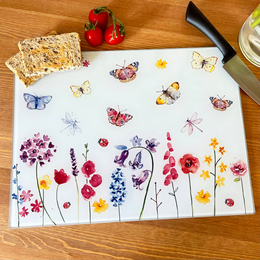 Butterfly Garden Glass Chopping Board