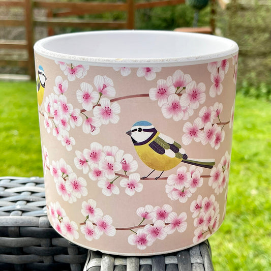 Ceramic Blue Tit Blossom Tree Plant Pot Holder