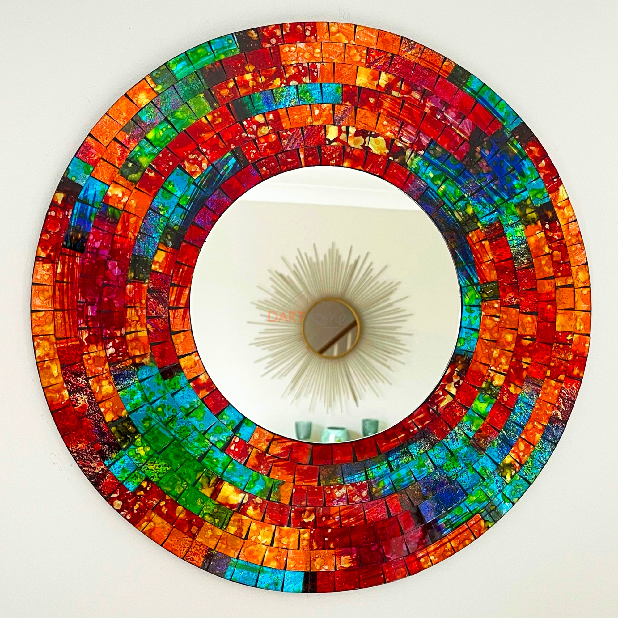 Handmade Orange & Red Glass Mosaic Wall Mirror Art