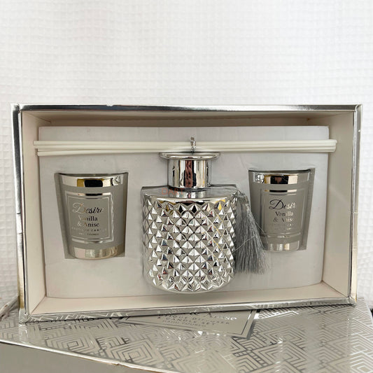 S/3 Silver Vanilla & Anise Candle & Diffuser Set