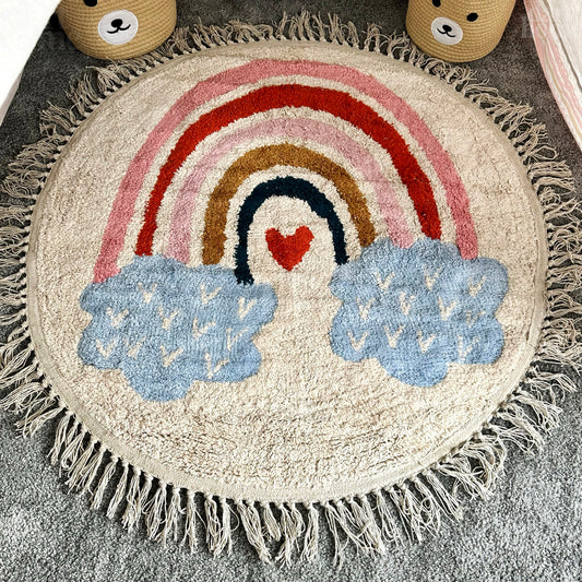 Getufteter Regenbogenteppich aus Baumwolle mit Quasten, 90 cm