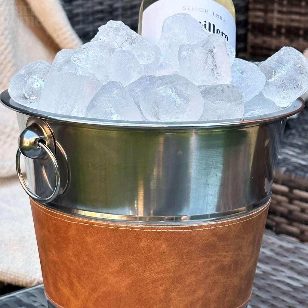 Champagnerkühler aus Edelstahl, Details aus Kunstleder