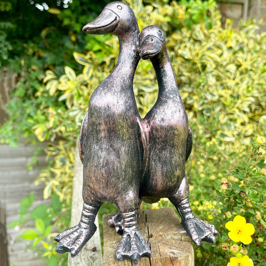 Bronze Resin Duck Pair Garden Sculpture 19cm