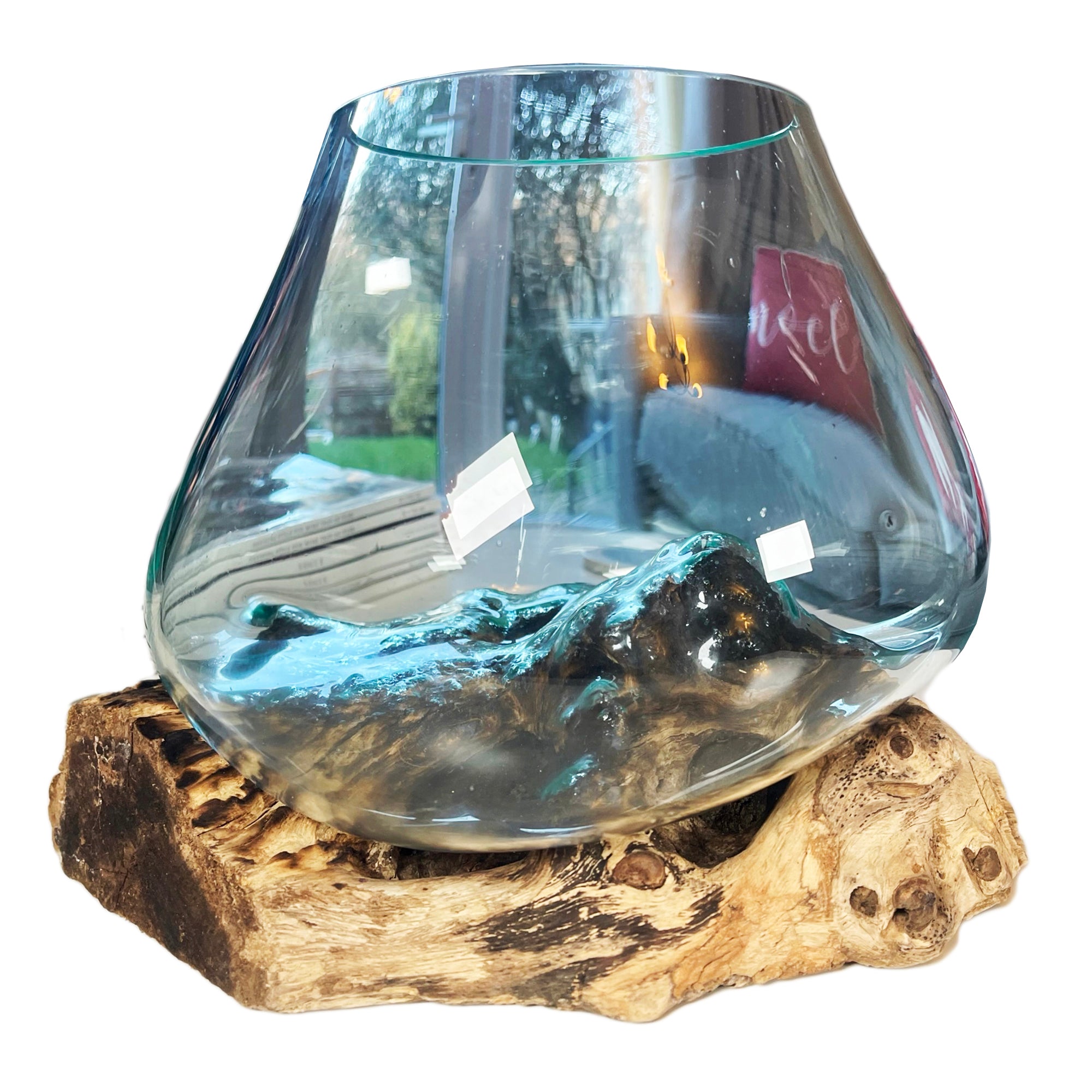 Large Molten Glass Bowl On Teak Root Stand