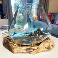 Large Molten Glass Bowl On Teak Root Stand