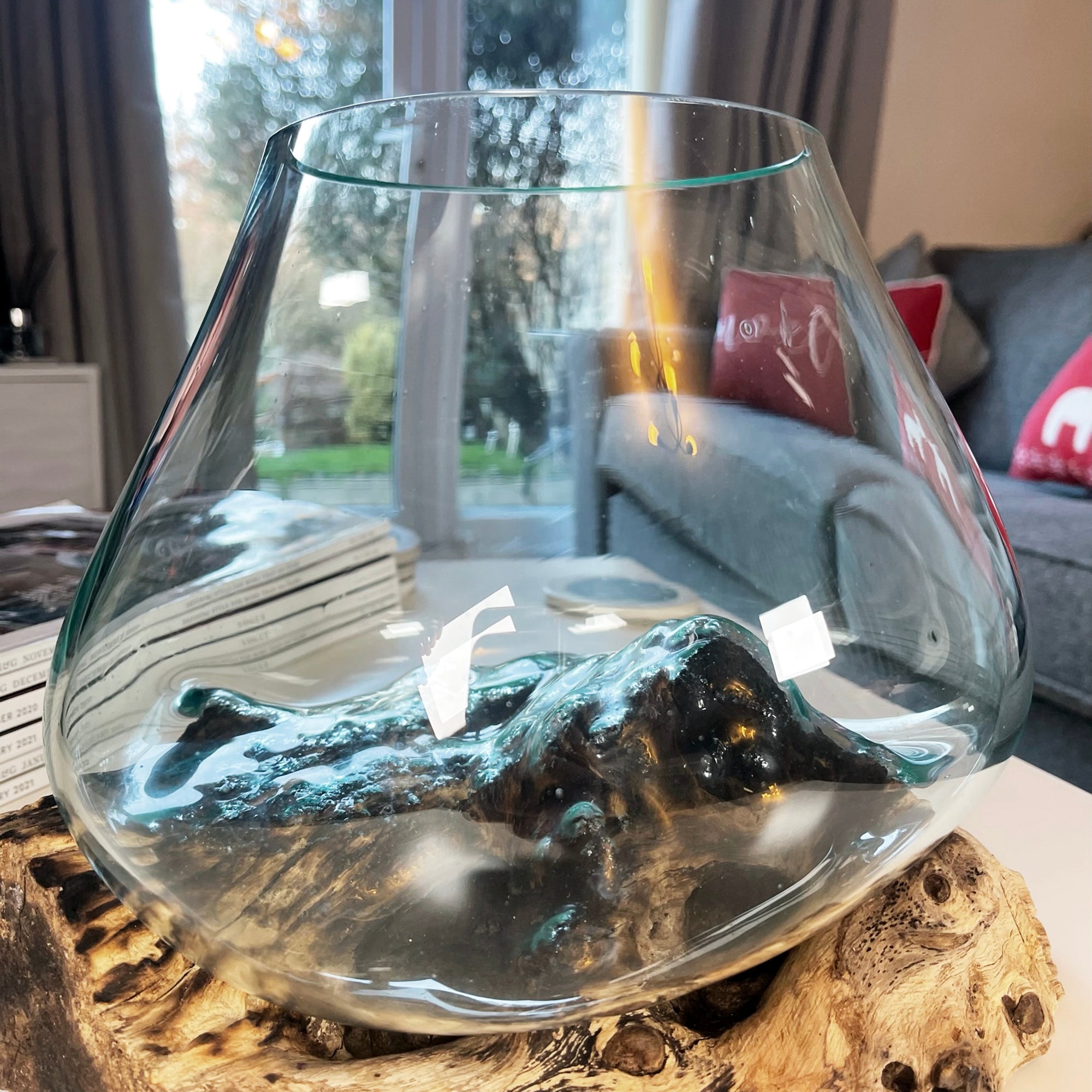 Large Molten Glass Bowl On Teak Root Stand