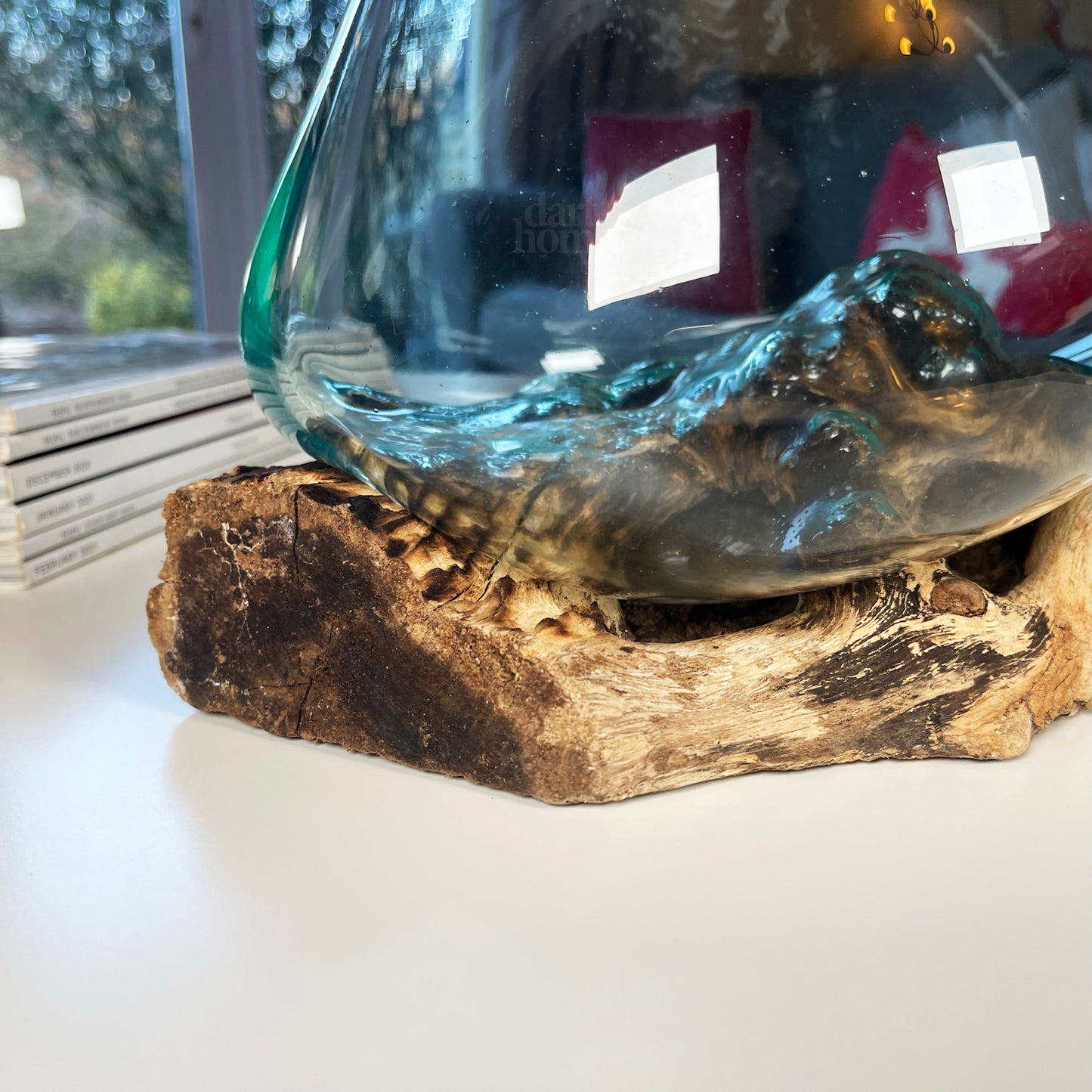 Large Molten Glass Bowl On Teak Root Stand