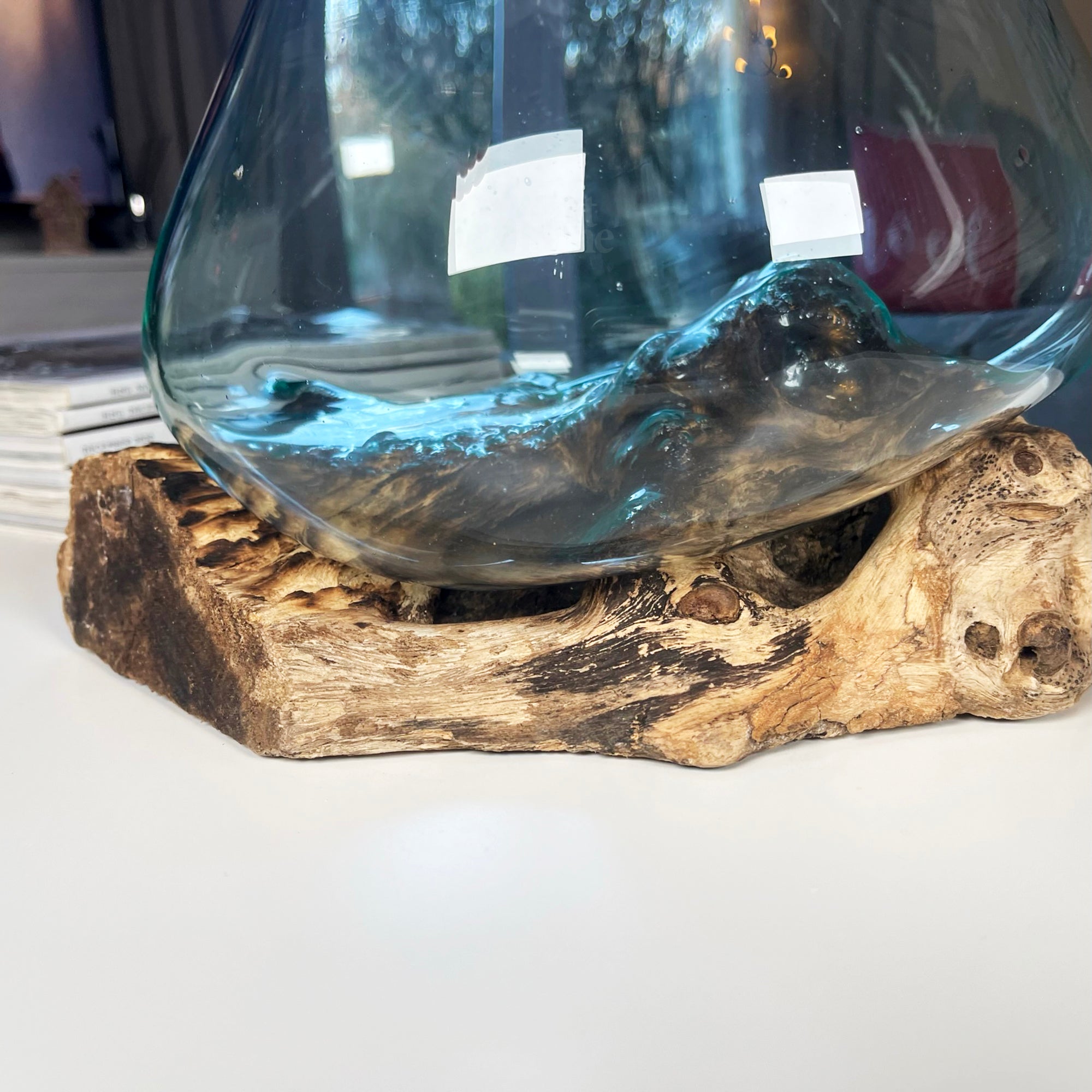 Large Molten Glass Bowl On Teak Root Stand