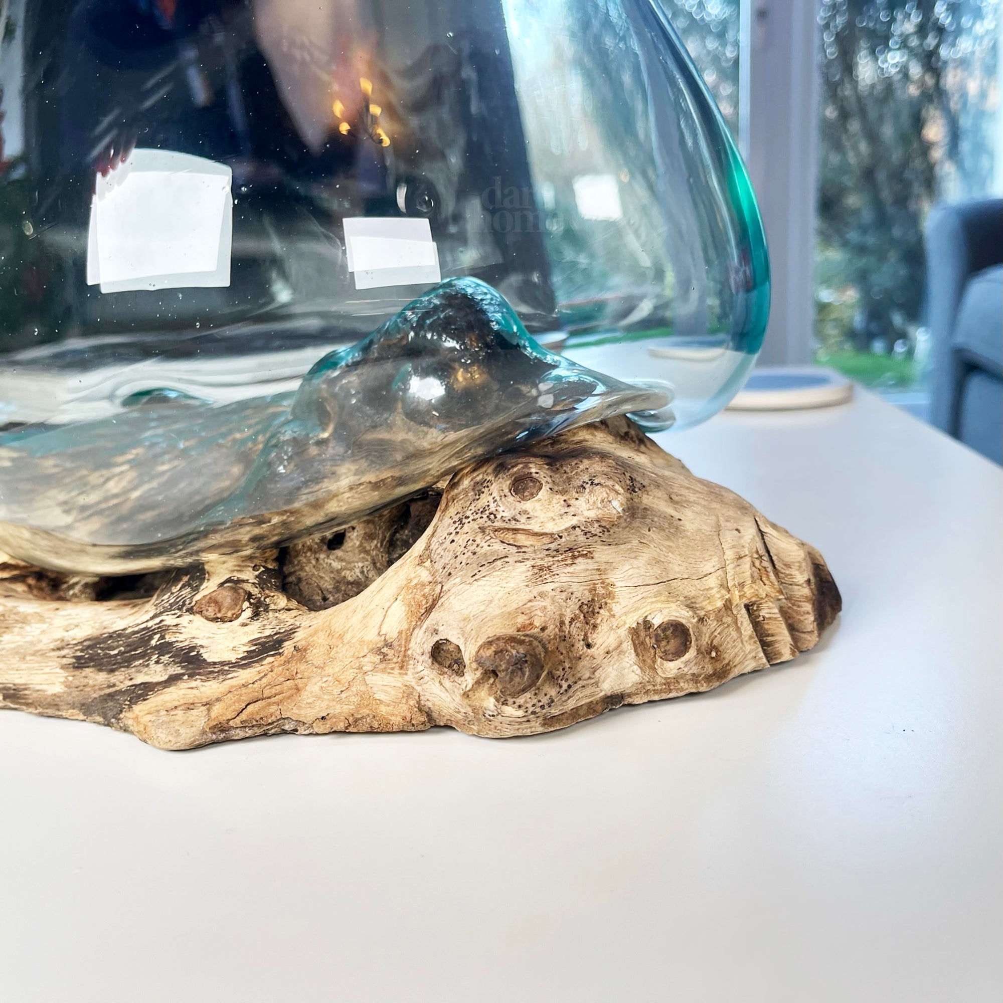 Large Molten Glass Bowl On Teak Root Stand