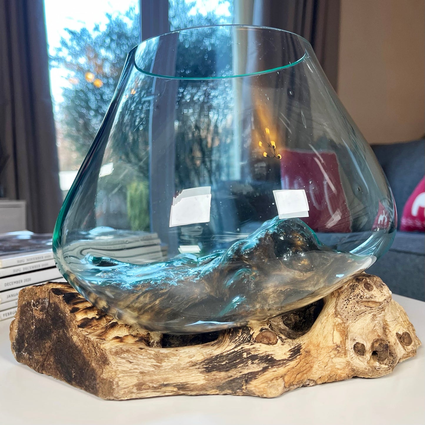 Large Molten Glass Bowl On Teak Root Stand
