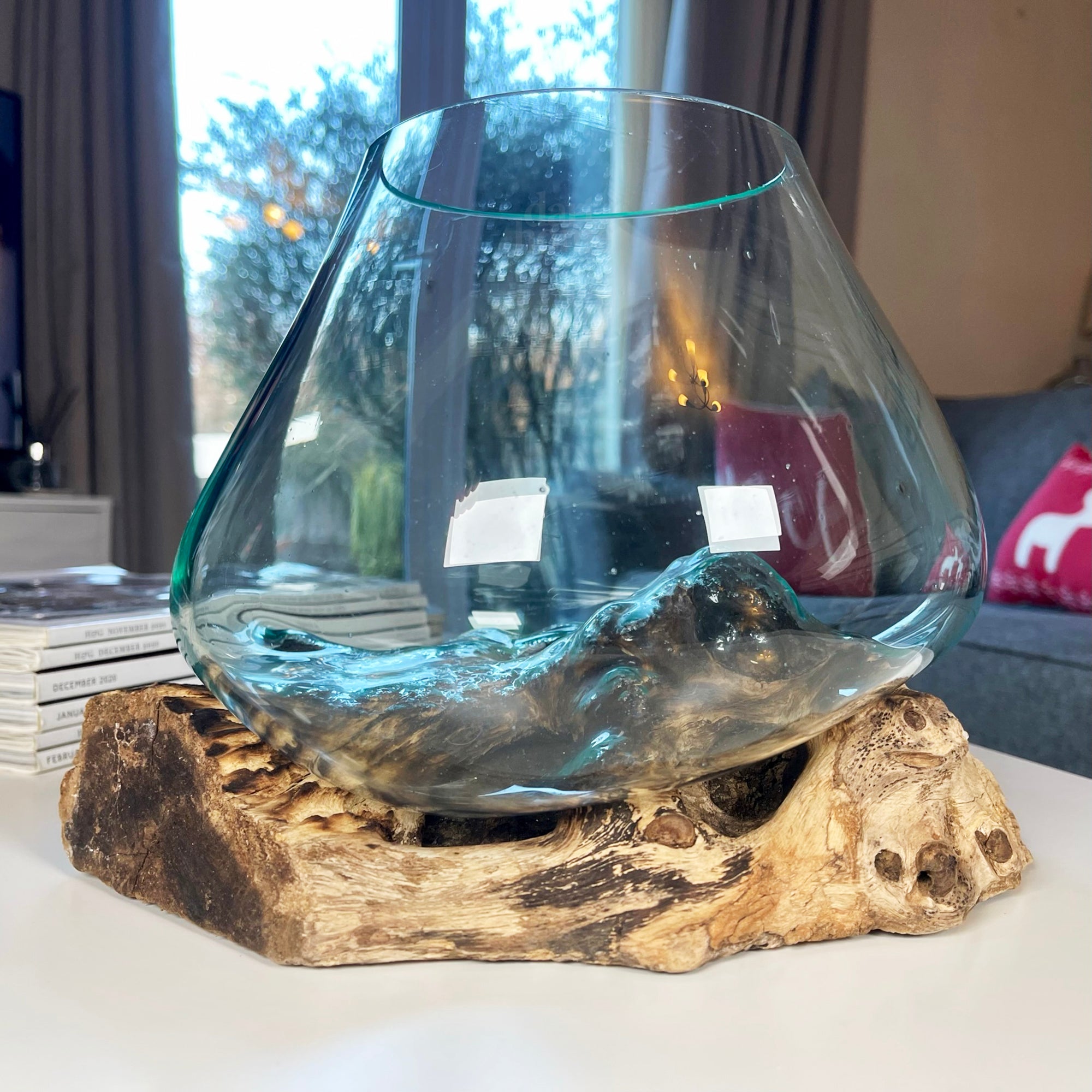 Large Molten Glass Bowl On Teak Root Stand